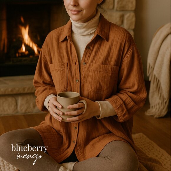 Jodfl 100% Cotton Gauze Tunic with Pockets | Rust Brown Fall Top | Raw Hem - Picture 5 of 9